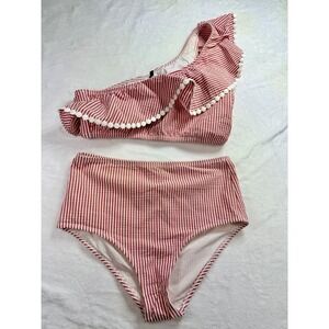 J. Crew Red White Striped Seersucker Bikini Set One Shoulder Ruffle Pom Pom Med